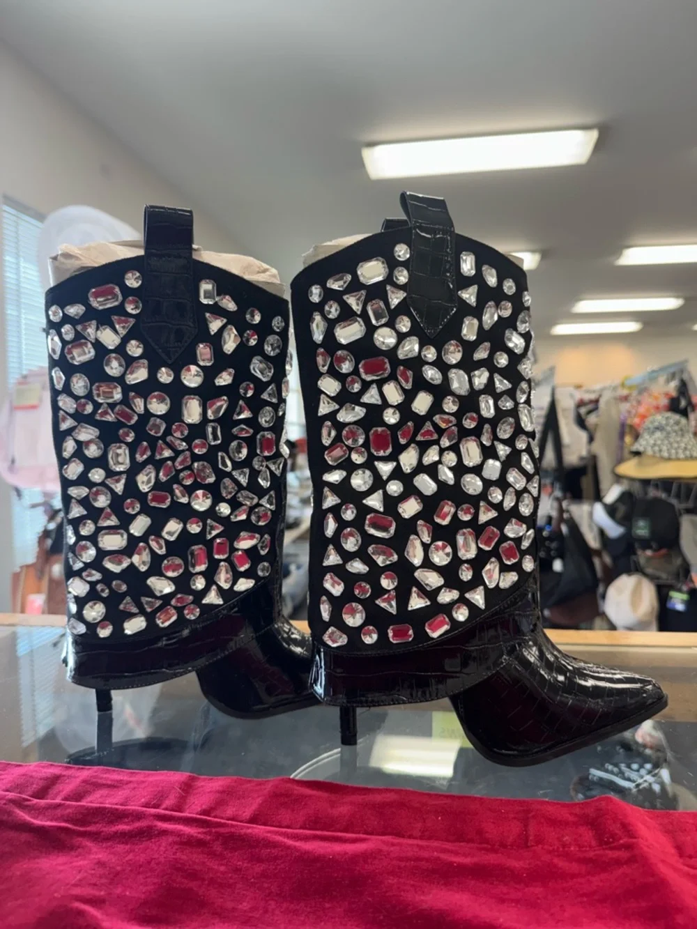 Lauren Lorraine Black Jeweled Patent Croc Mid-Calf Boots - Picture 4 of 7